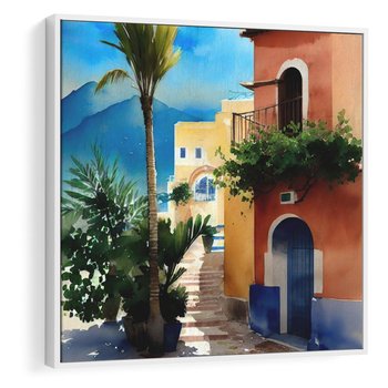 Obraz w ramie 80x80 - Spokój Miasta nad Morzem - akwarela, sródziemnomorski klimat - rama biała