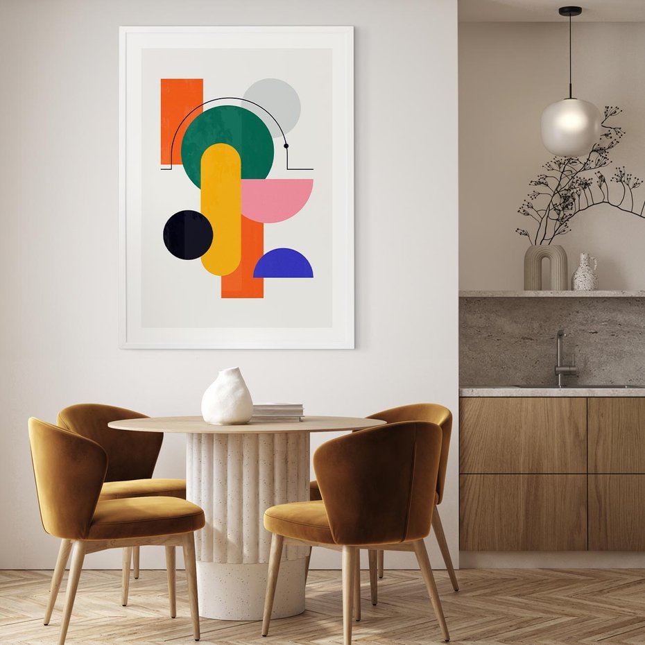 Plakat w ramie 50x70 - Harmonijne Przenikanie Form - nowoczesna sztuka, geometryczna kolorowa grafika - rama biała