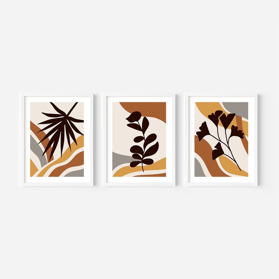 Zestaw obrazy w ramie 30x40 galeria - Liście, kwiaty, boho - rama biała