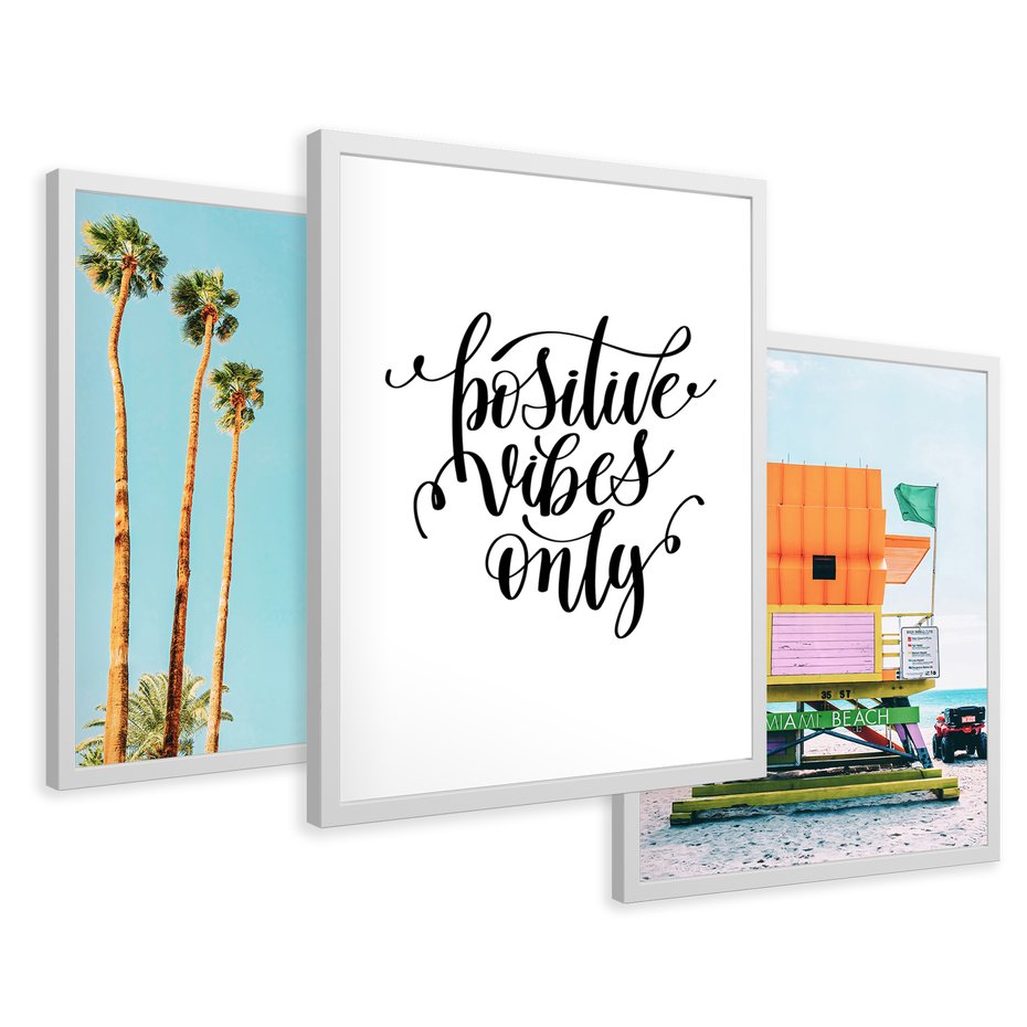 Zestaw obrazy w ramie 30x40 galeria - Pozytywny, cytat, plaża, palmy, wakacje - rama biała