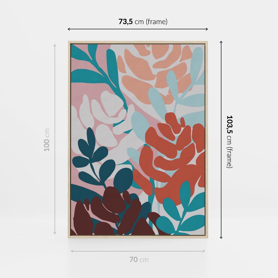 Obraz w ramie 70x100 - Impresje Kształtów - abstrakcyjna kompozycja kwiatowych form, kolor zgaszone - rama drewno