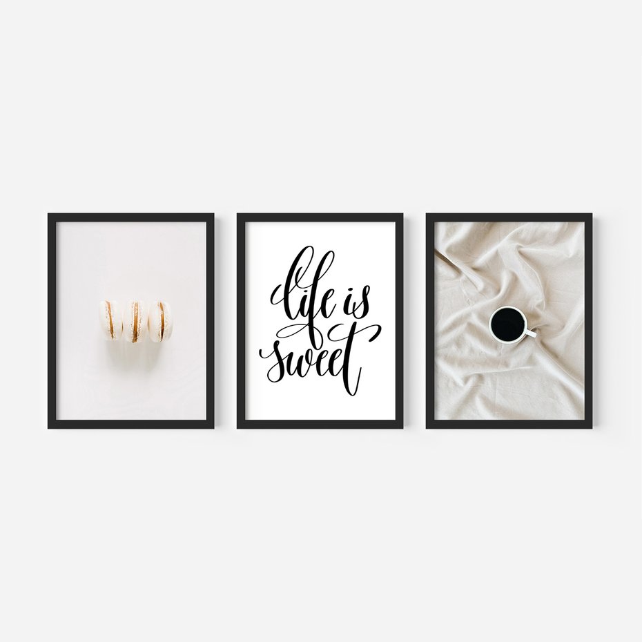 Zestaw obrazy w ramie 40x50 galeria - Makaroniki, kawa, typografia, napisy - rama czarna