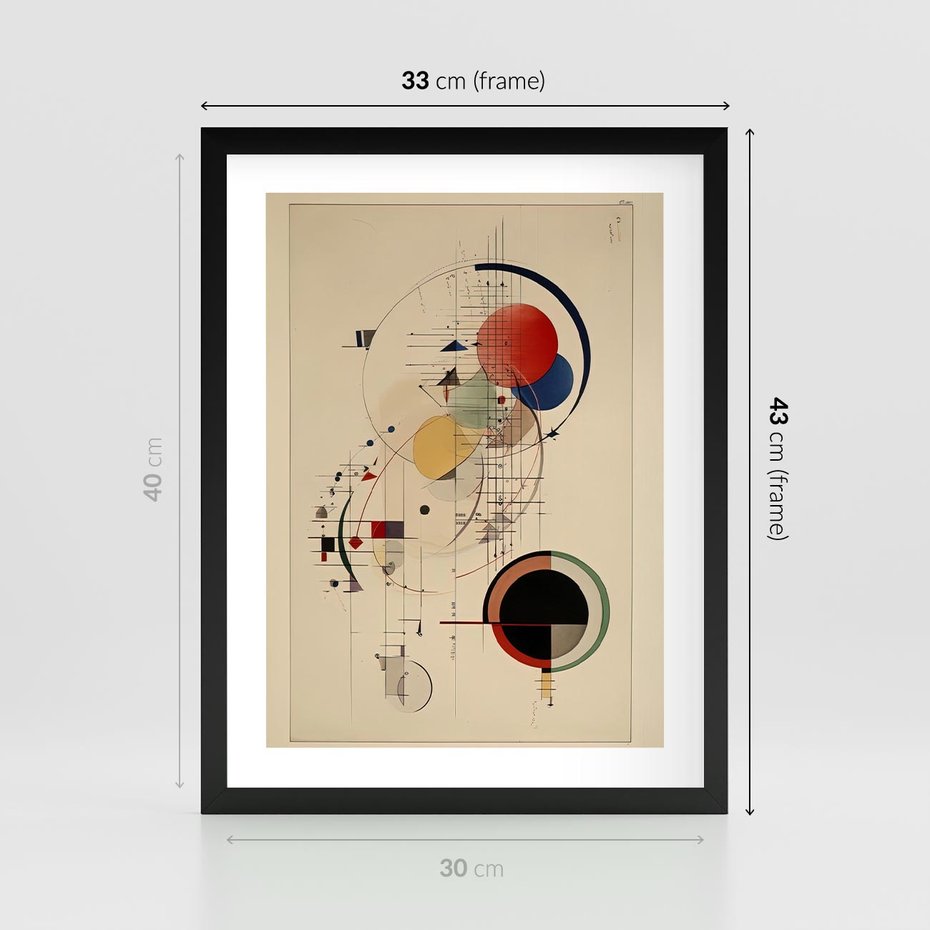 Plakat w ramie 30x40 - Impulsy Wydobyte z Cienia - abstrakcyjna geometryczna kompozycja, koła linie - rama czarna