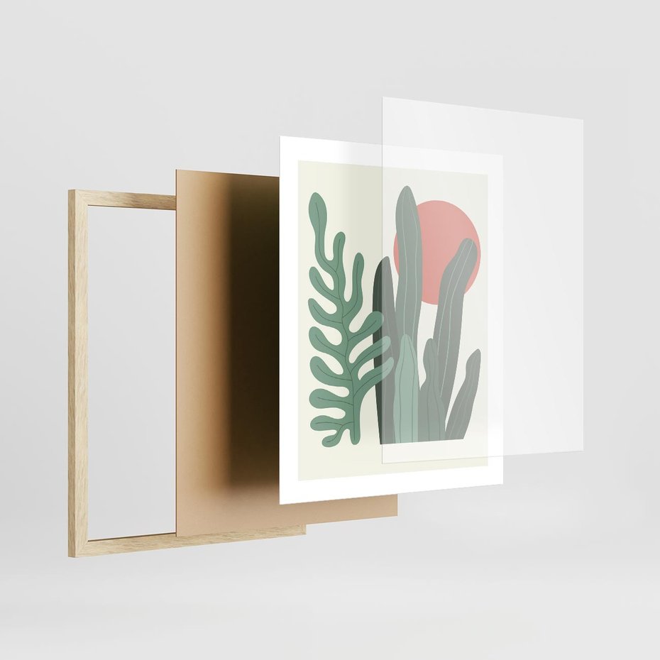 Plakat w ramie 40x50 - Graficzna Harmonia: Liście i Rośliny na Plakacie - liście, grafika - rama drewno