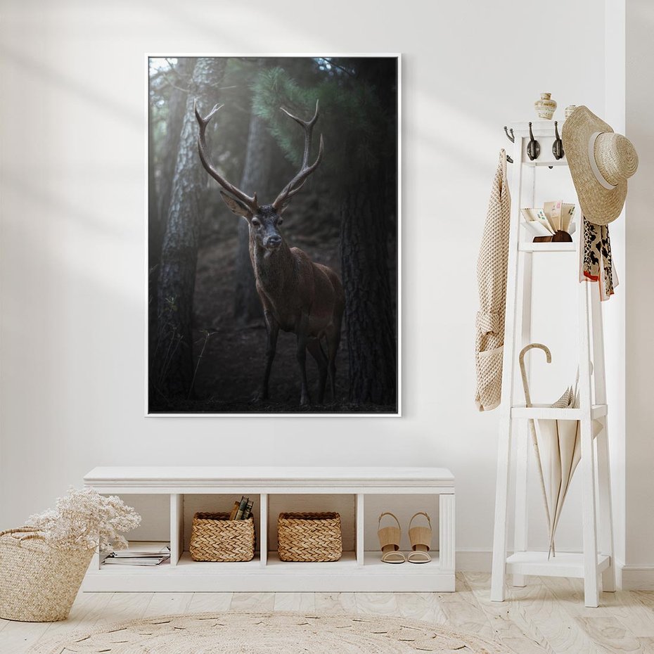 Obraz w ramie 50x70 - Jeleń wśród lasu - jeleń, las - rama biała