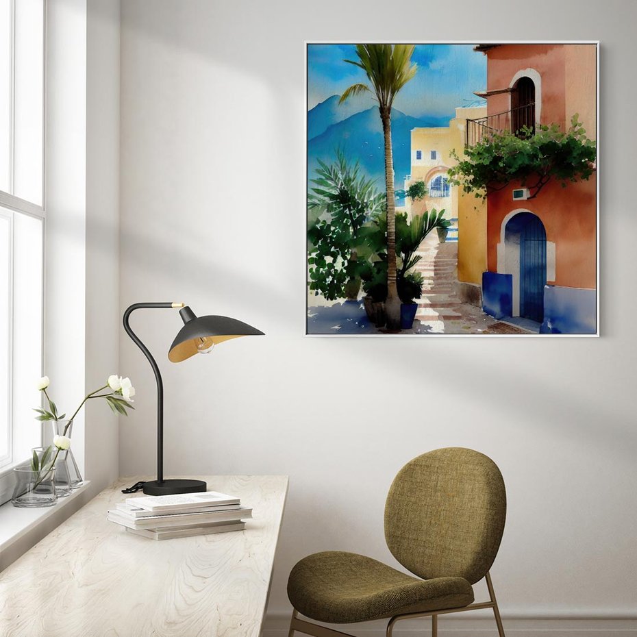 Obraz w ramie 80x80 - Spokój Miasta nad Morzem - akwarela, sródziemnomorski klimat - rama biała