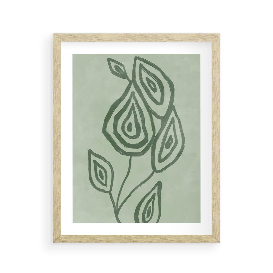 Plakat w ramie 40x50 - Szmaragdowy Oddech - abstrakcyjne delikatne zielone linie, podobne do gałęzi kwiatów - rama drewno