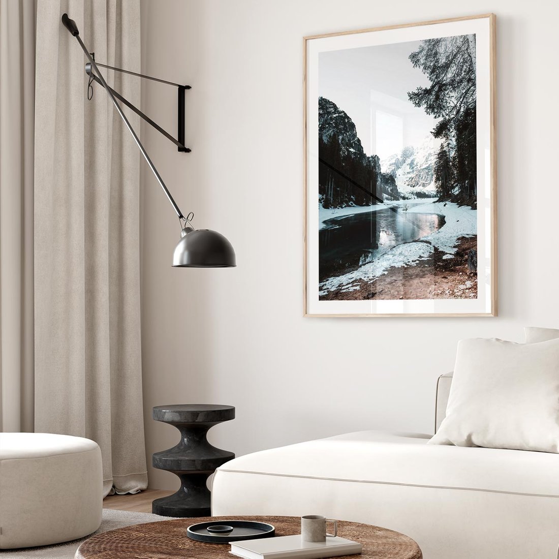 Plakat w ramie 50x70 - Zamarznięta Rzeka - zima w górach, zamarznięta rzeka - rama drewno