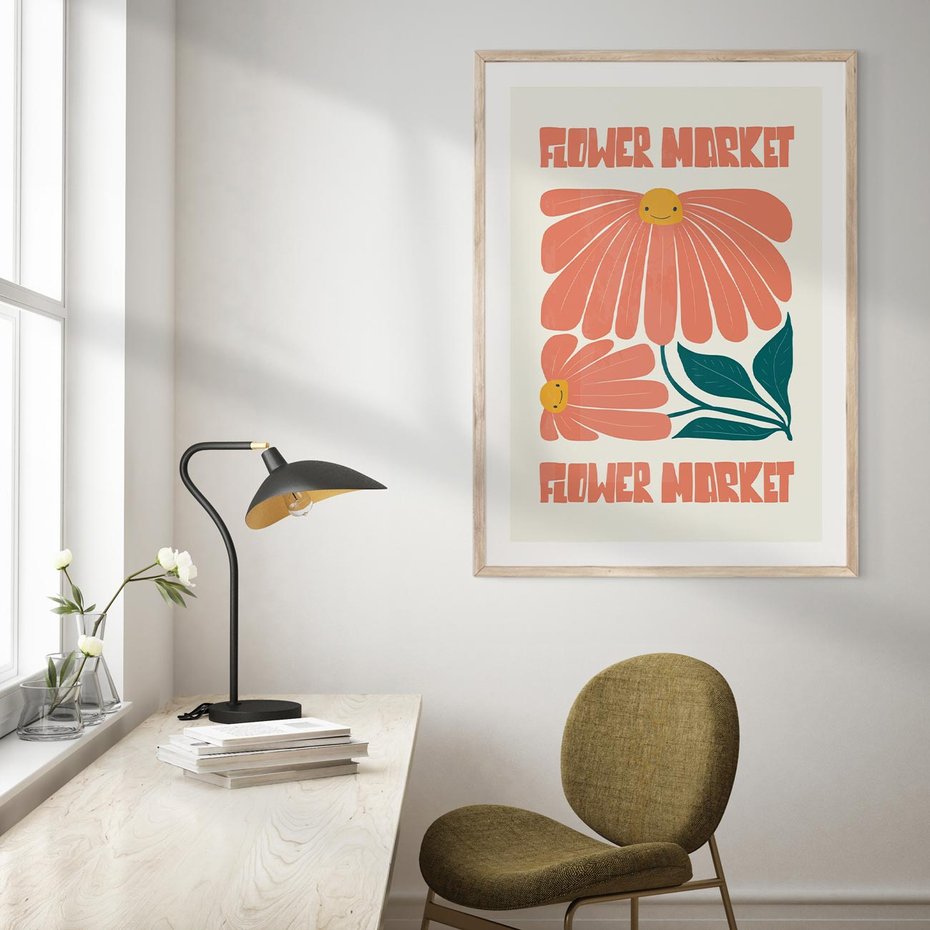 Plakat w ramie 40x50 - Retro Radość - typografia, wesołe kwiaty - rama drewno