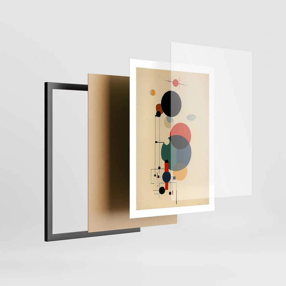 Plakat w ramie 50x70 - Migocące Impresje Odniesień - abstrakcyjna geometryczna kompozycja, koła linie - rama czarna