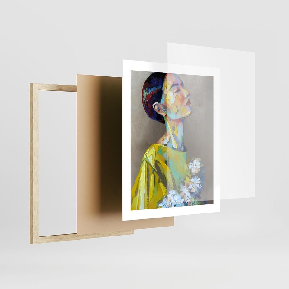 Plakat w ramie 40x50 - W Żółtej Sukience - olejny abstrakcyjny obraz, portret kobiety w żółtej sukience - rama drewno