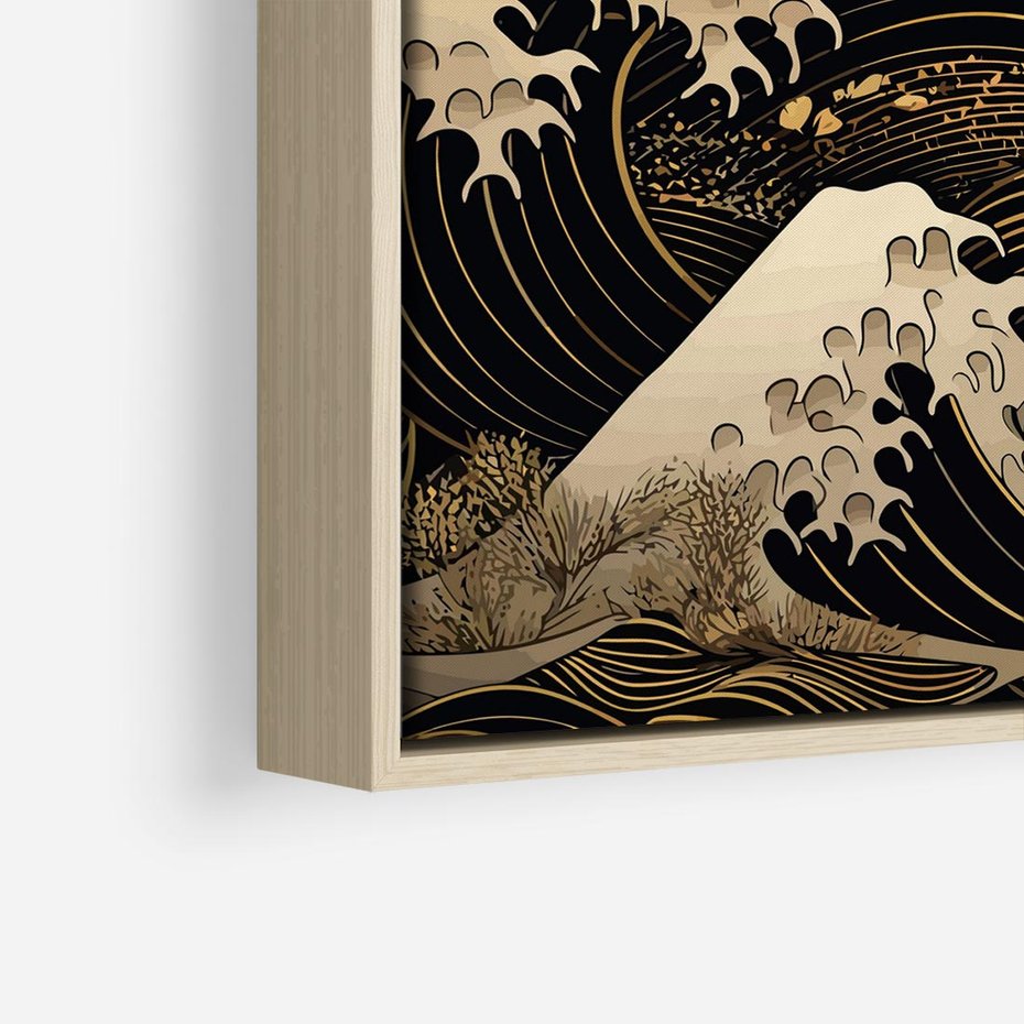 Obraz w ramie 50x50 - Złote Piękno - ciemny obraz, fala morska - rama drewno