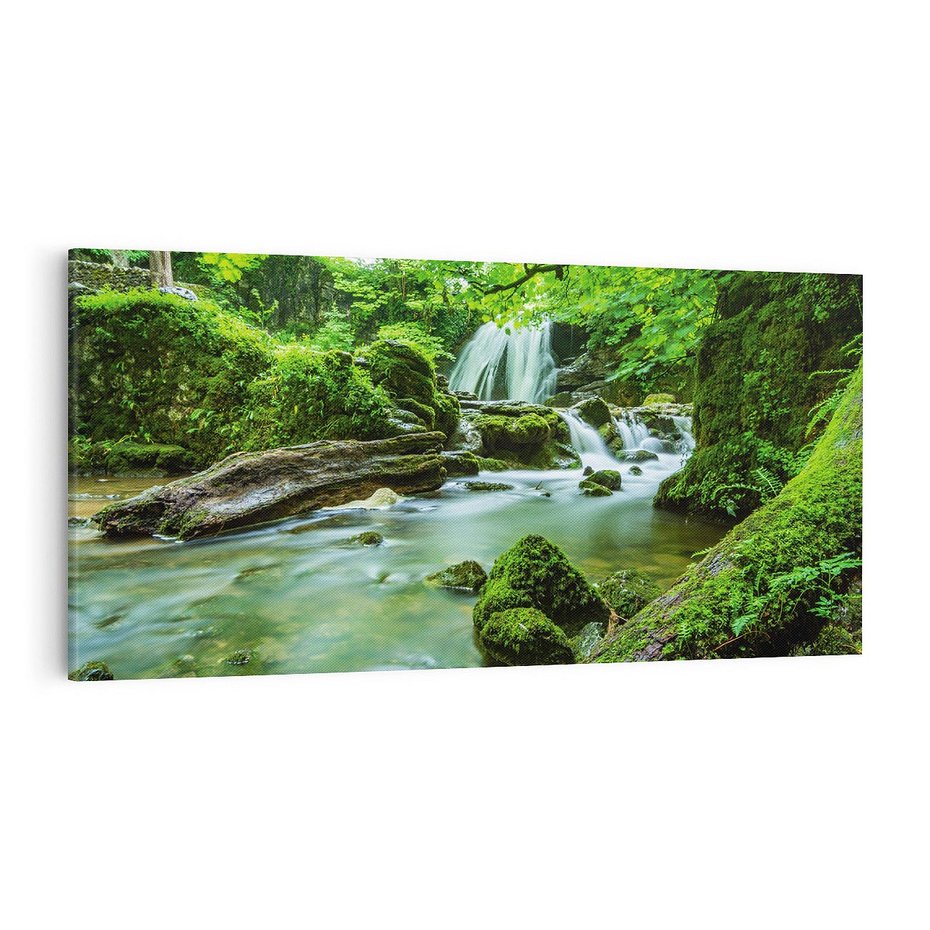 Obraz na płótnie 100x50 - Las przy rzece: potężny wodospad - las, rzeka