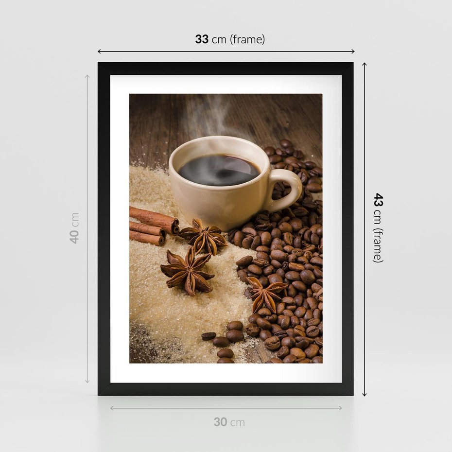 Plakat w ramie 30x40 - Kawowa filiżanka pełna aromatu - kawa, filiżanka - rama czarna