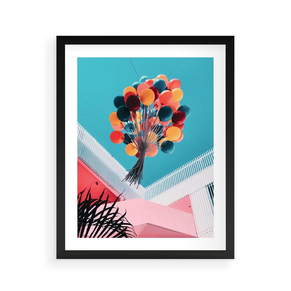 Plakat w ramie 40x50 - Kolorowe Balony Pod Niebem - kolorowe balony na tle niebieskiego nieba - rama czarna