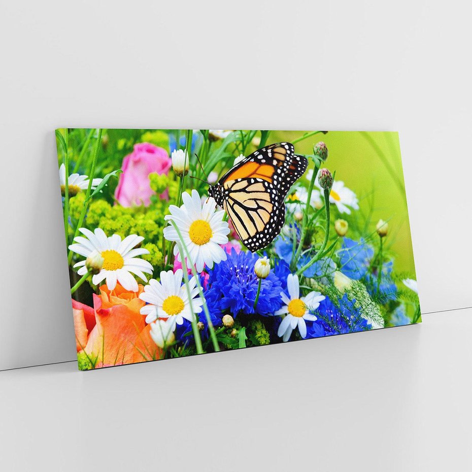 Obraz na płótnie 120x60 - Kwiatowy Taniec - motyl, kwiaty