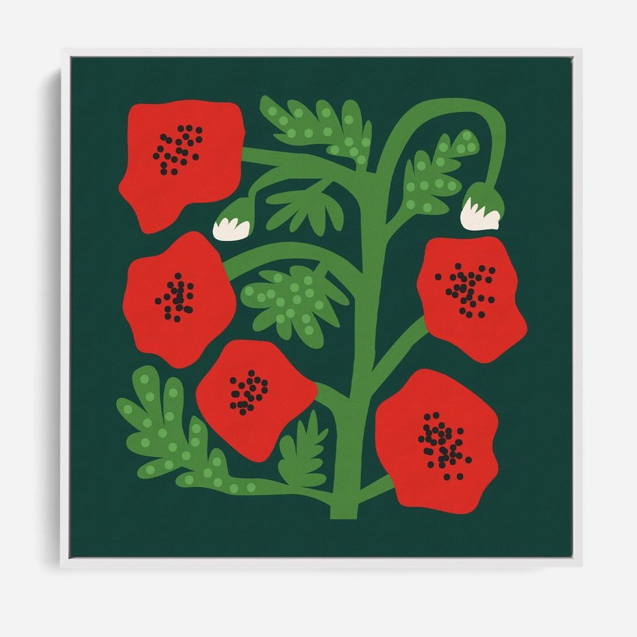 Obraz w ramie 50x50 - Księga Odbić - abstrakcyjna kwiatowa kompozycja, zielone mocne tło - rama biała