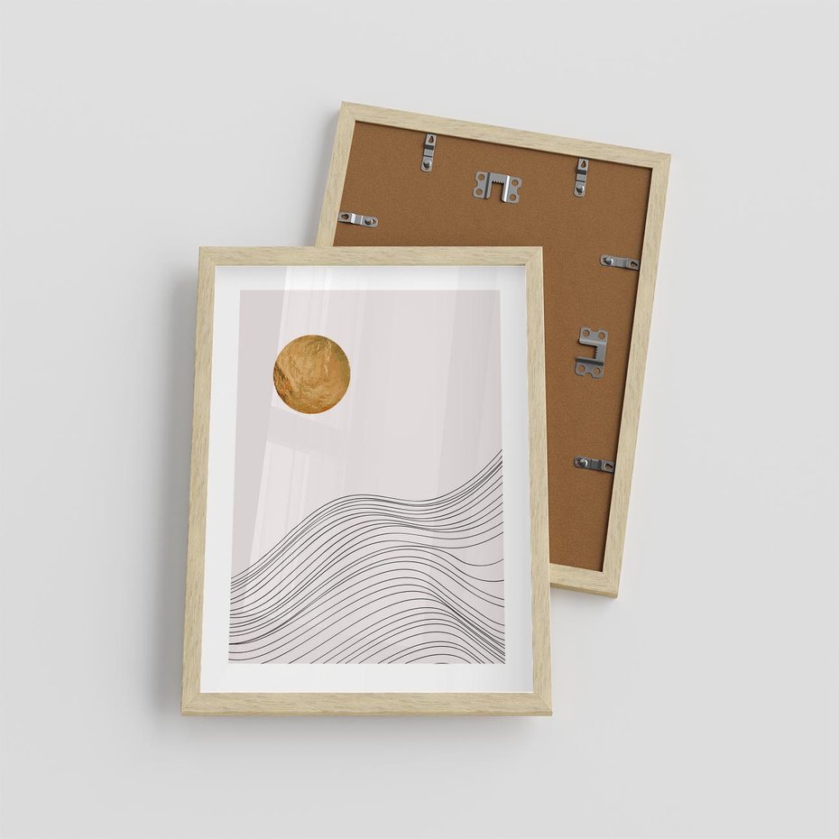 Plakat w ramie 30x40 - Minimalistyczne Słońce: Blask i Złoto - grafika, minimalizm - rama drewno