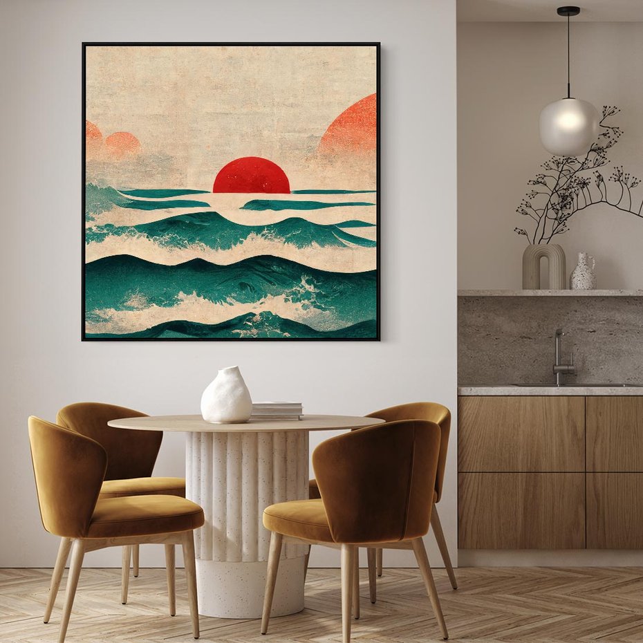 Obraz w ramie 50x50 - Czerwone Melodie - japońska sztuka, zachód słońca nad oceanem - rama czarna