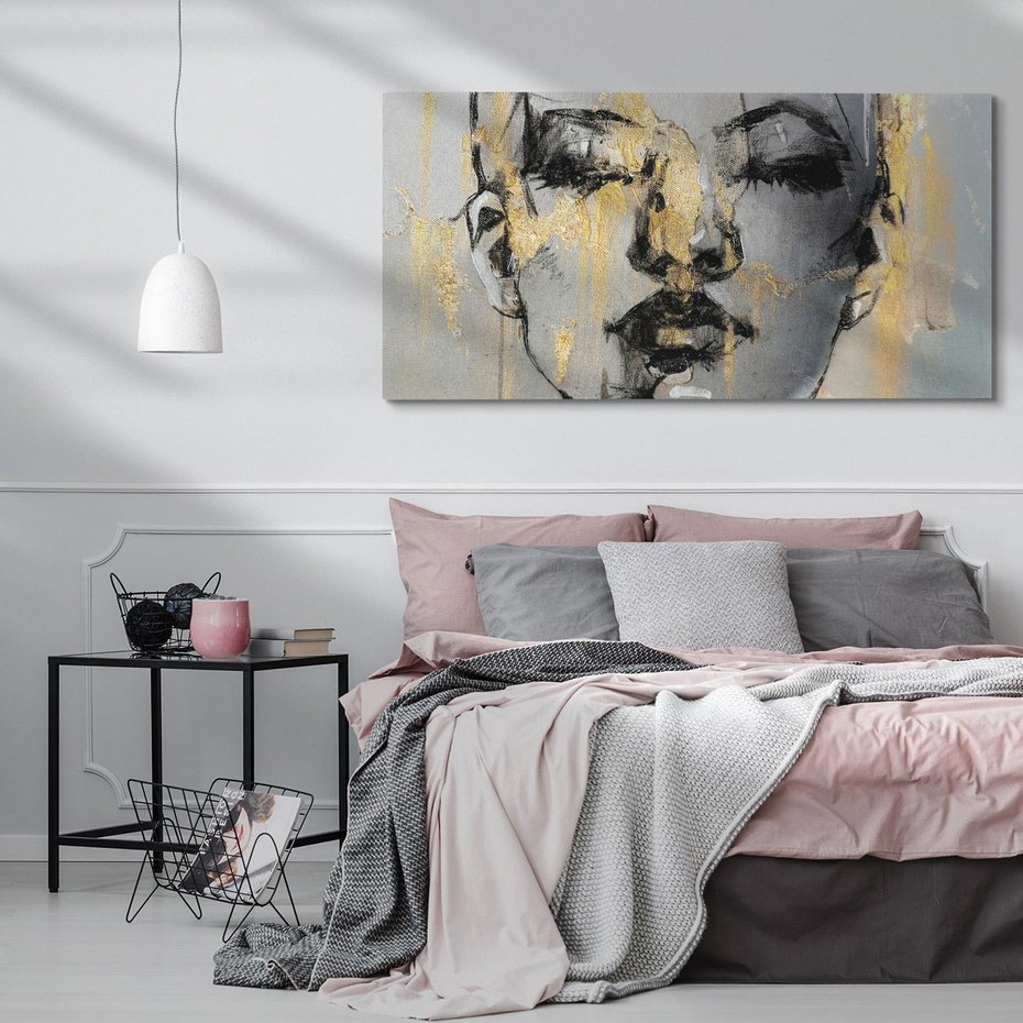 Obraz na płótnie 140x70 - Kobieta - Abstrakcyjne Malowidło - złote, usta abstrakcja