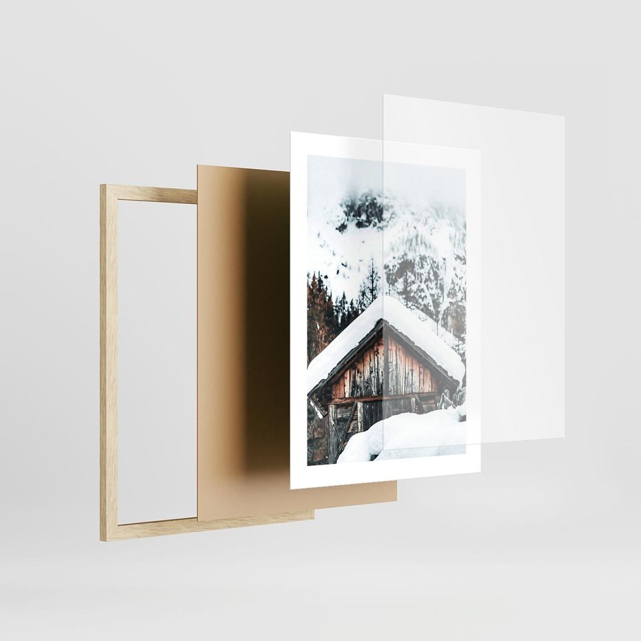Plakat w ramie 30x40 - Domek w Górach w Białym Odcieniu - zima, domek w górach - rama drewno