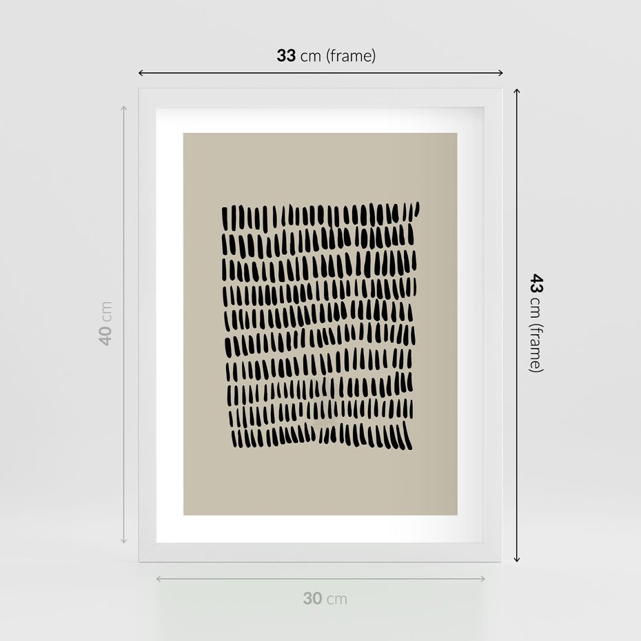 Plakat w ramie 30x40 - Energetyczne Pulsacje Nowości - boho plakat, czarne kropki kreski - rama biała