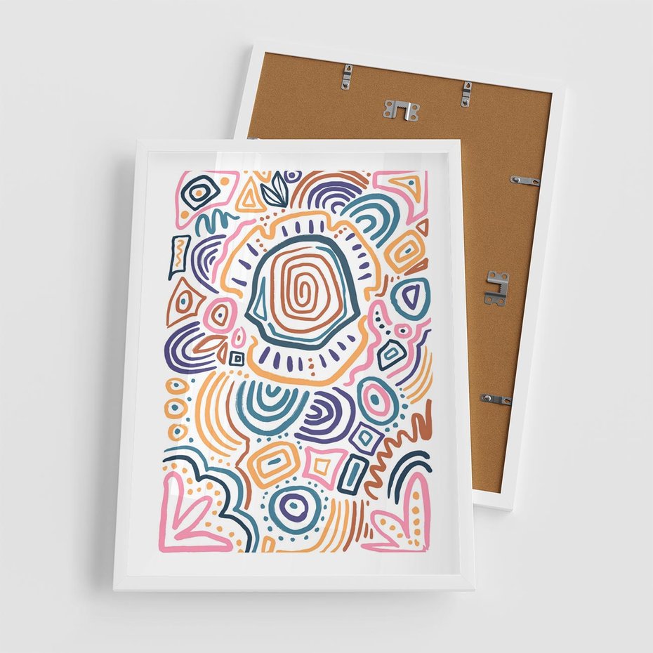 Plakat w ramie 50x70 - Eksploracja Etnicznych Granic - kolorowe etniczne wzory, tęczowe żywe kolory - rama biała