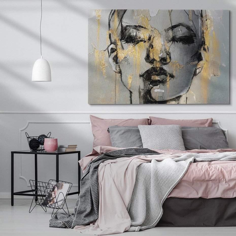 Obraz na płótnie 70x50 - Kobieta - Abstrakcyjne Malowidło - złote, usta abstrakcja