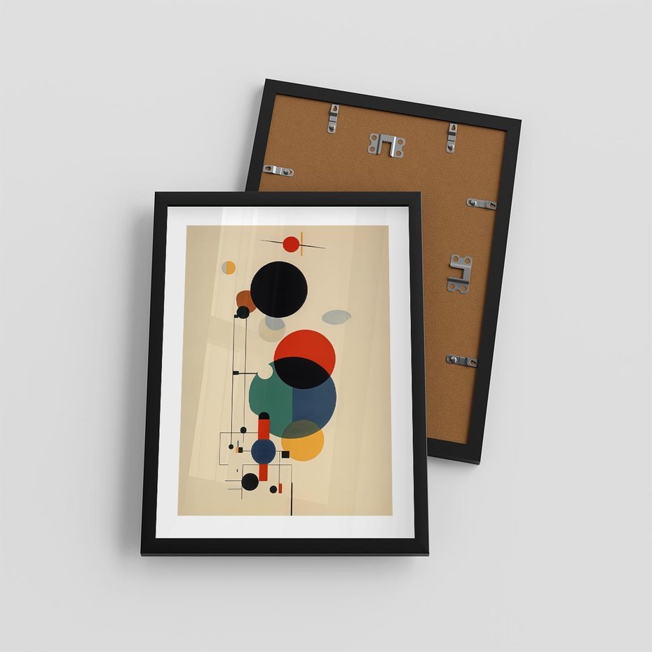 Plakat w ramie 30x40 - Migocące Impresje Odniesień - abstrakcyjna geometryczna kompozycja, koła linie - rama czarna