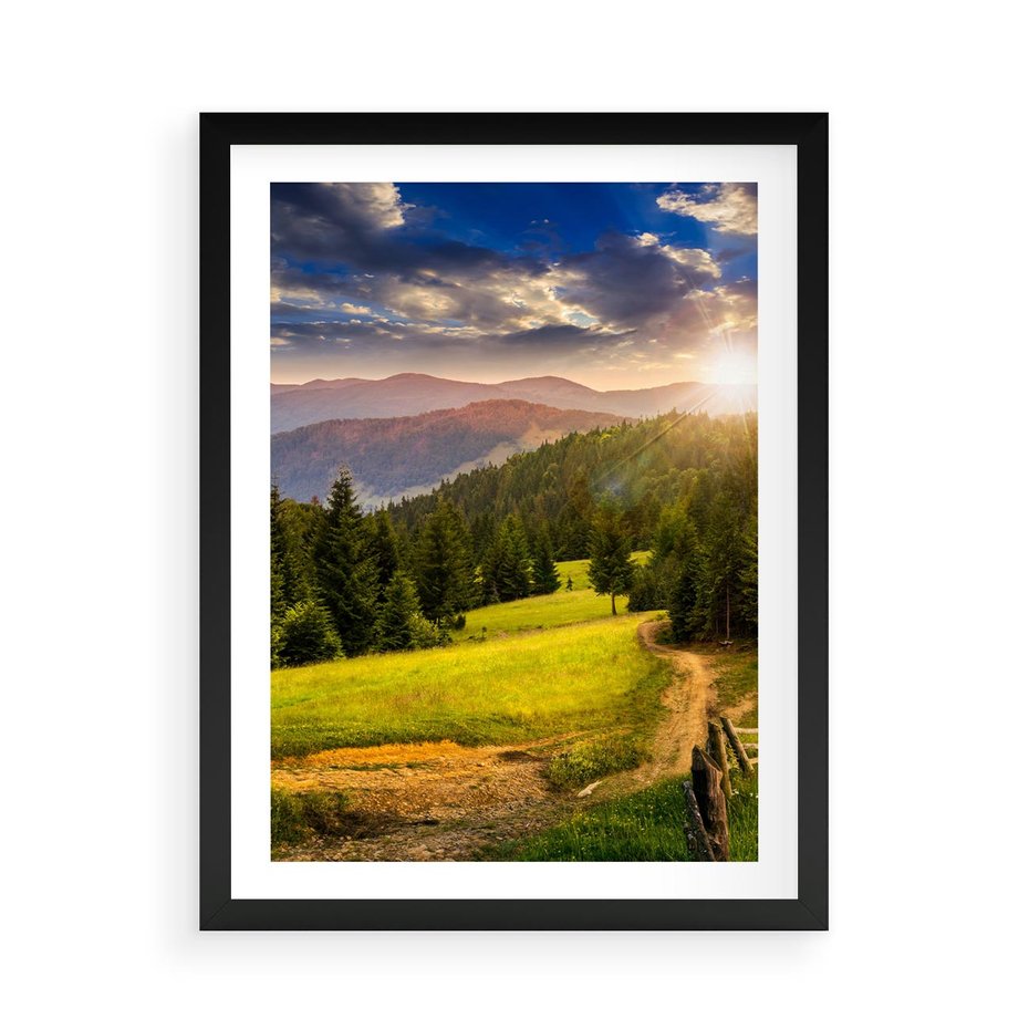 Plakat w ramie 50x70 - Zachód słońca na łące - zachód, łąka - rama czarna