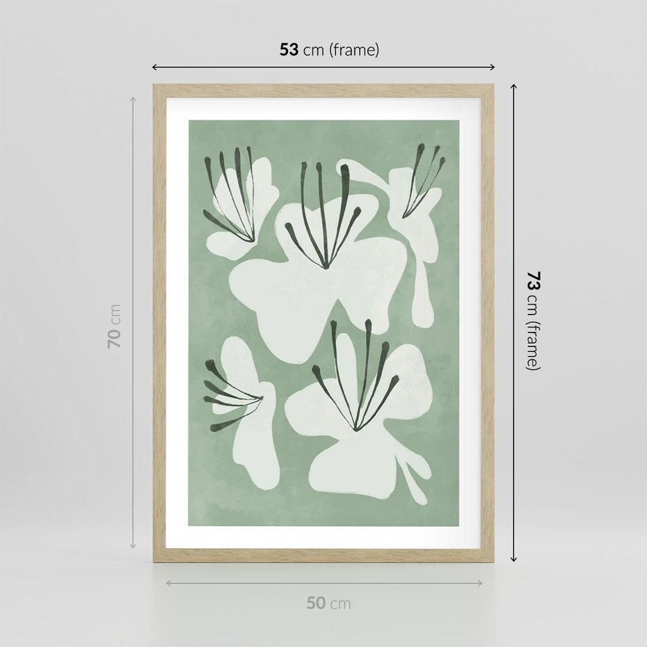 Plakat w ramie 50x70 - Rozkwitające Ukojenie - zgaszona zieleń, kwiaty - rama drewno