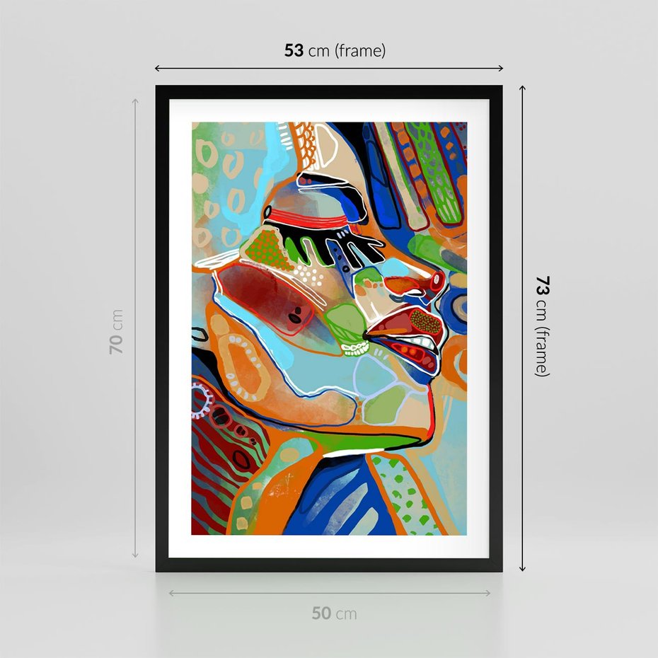 Plakat w ramie 50x70 - Kolorowe Wnętrza Kształtów - abstrakcyjny portret kobiety, twarz - rama czarna