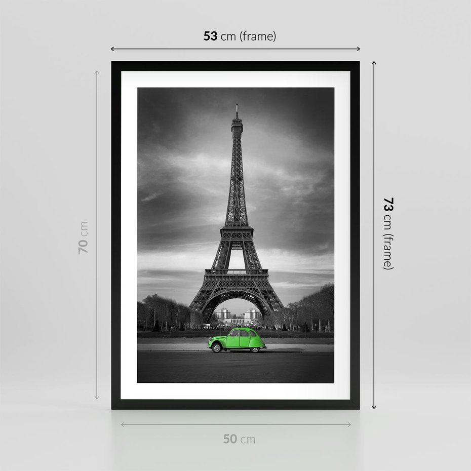 Plakat w ramie 50x70 - Paryskie Romantyczne Spotkanie - Eiffla, samochód - rama czarna