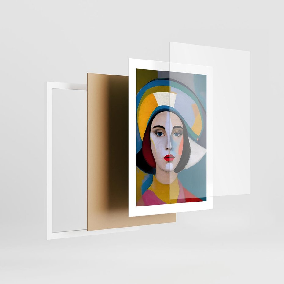 Plakat w ramie 30x40 - Kształtujące Widzenia - abstrakcyjny obraz olejny, portret twarzy kobiety - rama biała