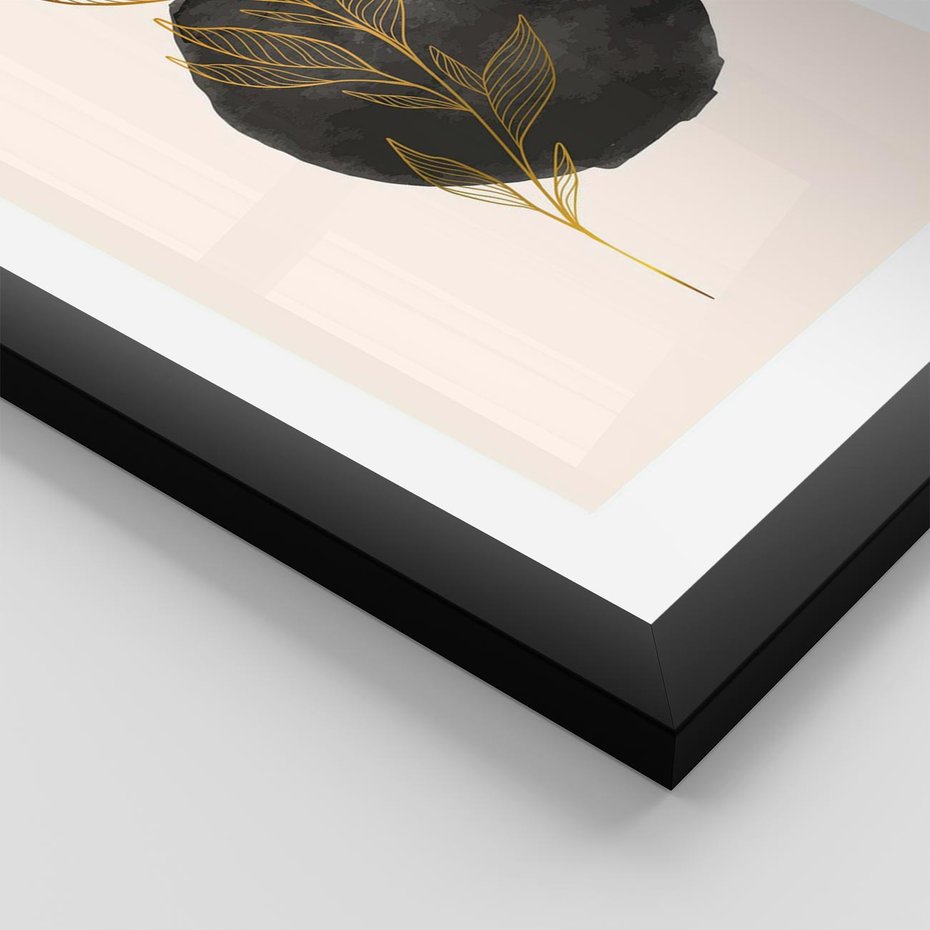 Plakat w ramie 50x70 - Złota Gałązka na Tle Akwarelowej Ciemności - złota gałązka, czarna plama akwarelowa w tle - rama czarna