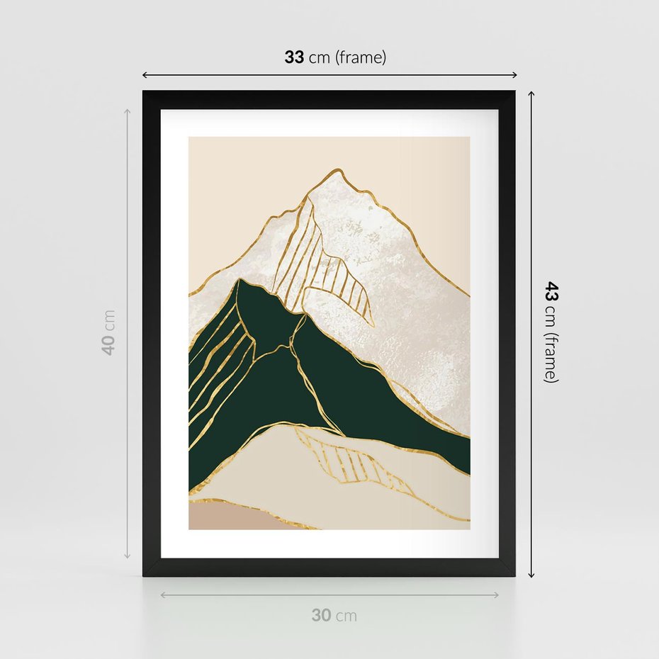 Plakat w ramie 30x40 - Minimalistyczne Góry: Złota Sztuka Natury - minimalistyczna grafika, góry - rama czarna