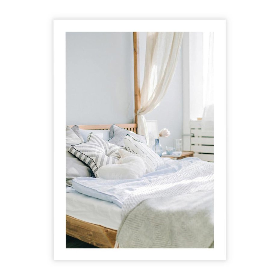 Plakat bez ramy 30x40 - Relaks w Sypialni: Jasne Kolory - zdjęcie sypialni, łóżko