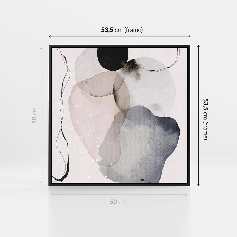 Obraz w ramie 50x50 - Migocące Barwy - abstrakcyjne plamy akwarelowe, czarny szkic - rama czarna