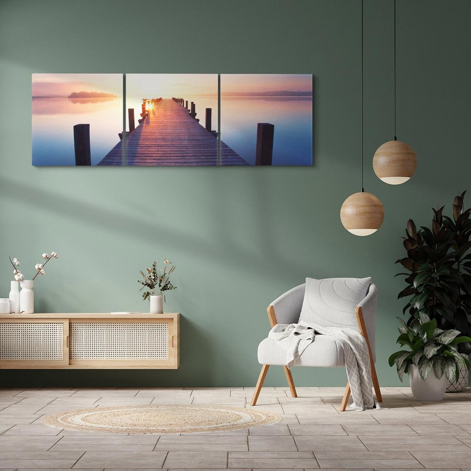 Obraz na płótnie 150x50 - Zachód słońca nad molo: Magia morza - molo, zachód słońca