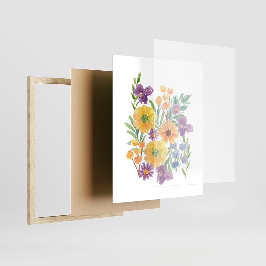 Plakat w ramie 40x50 - Kwiatowe Wibracje - akwarelowe polne kwiaty, minimalistyczny plakat - rama drewno