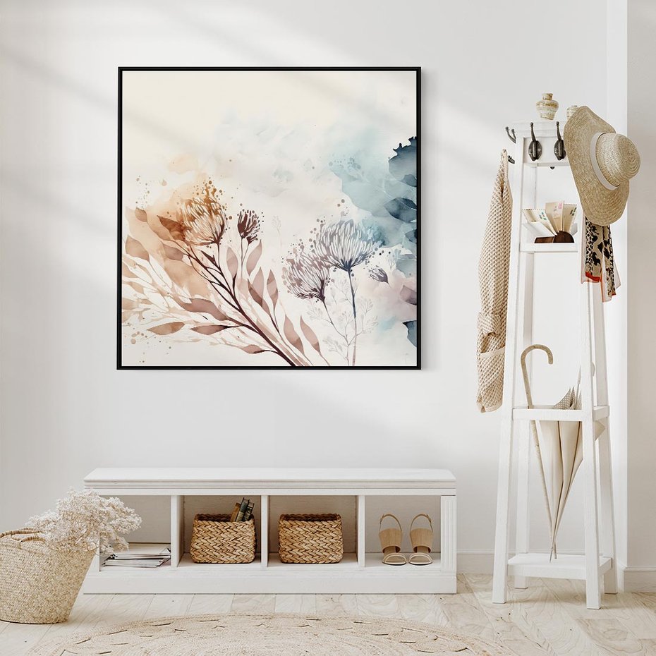 Obraz w ramie 50x50 - Nostalgiczne tańce pędzla - akwarelowe kwiaty, gałęzie - rama czarna