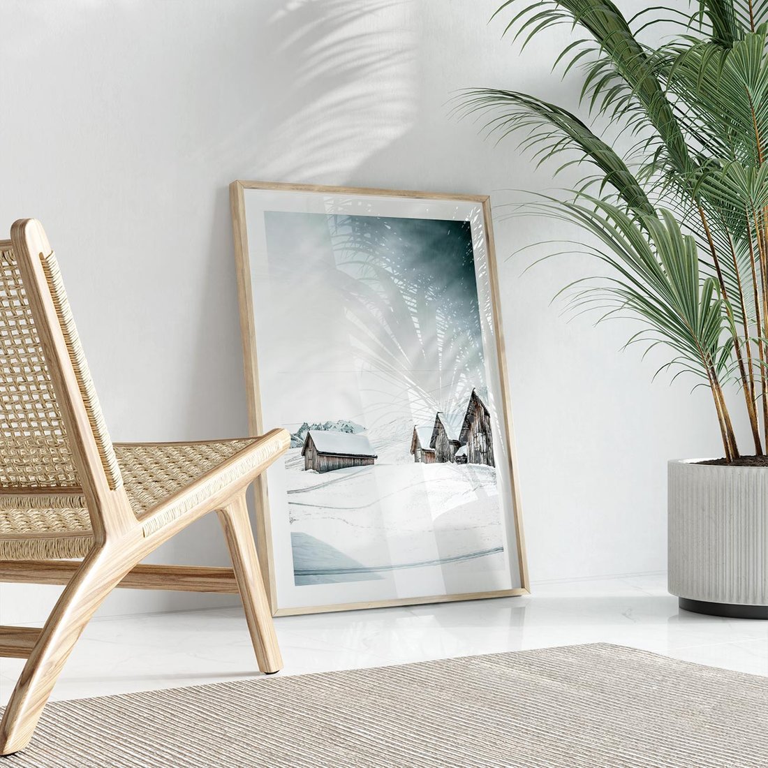 Plakat w ramie 40x50 - Zima w Domkach: Urok Śnieżnej Scenerii - domki w śnieżnym krajobrazie - rama drewno