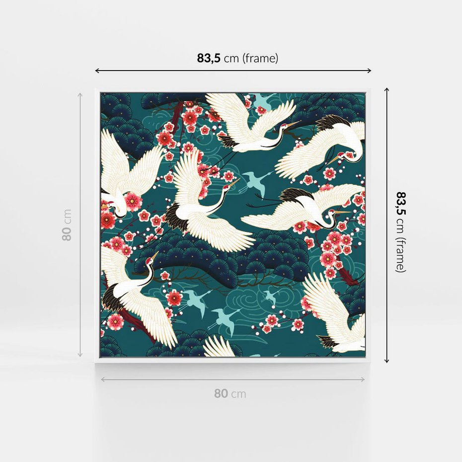 Obraz w ramie 80x80 - Żurawie Wachlarze - orientalne japońskie żurawie, grafika - rama biała
