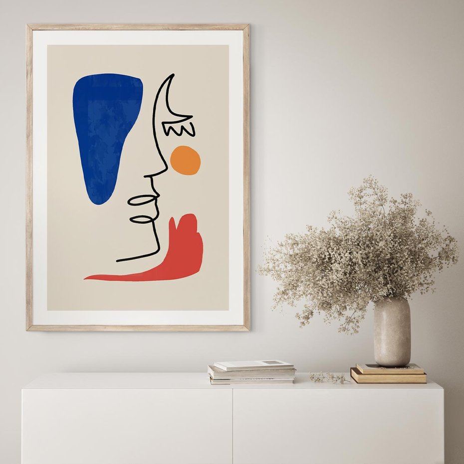 Plakat w ramie 50x70 - Rozbijające Symfonie Form - abstrakcyjny obraz, przypomina twarz - rama drewno