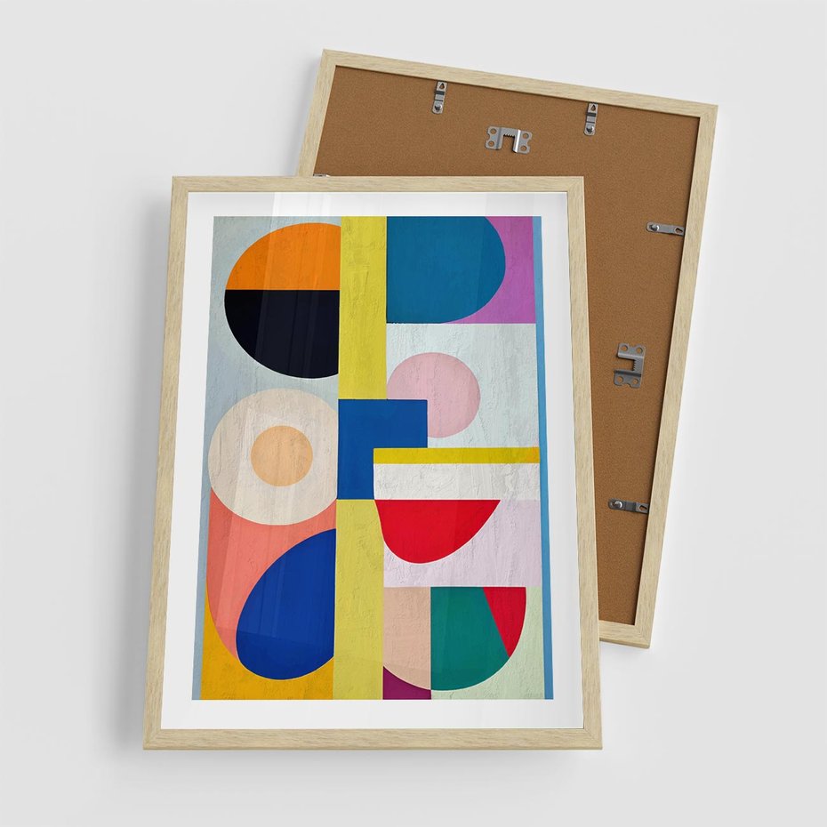 Plakat w ramie 50x70 - Harmonia Kolorowych Impulsów - abstrakcyjne geometryczne kształty, olejny obraz - rama drewno