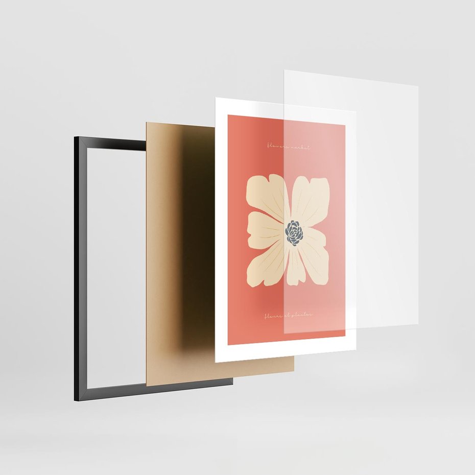 Plakat w ramie 30x40 - Malowane Kolorowe Echa - minimalistyczna grafika, biały kwiat na różowym tle - rama czarna