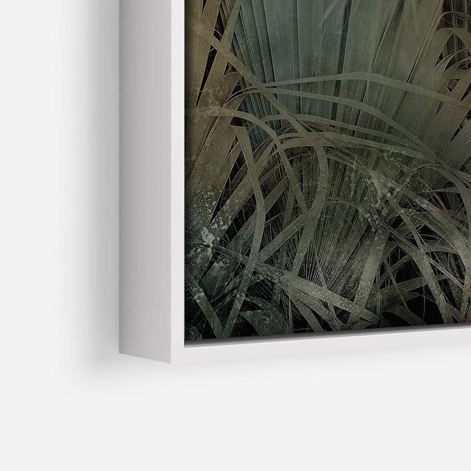 Obraz w ramie 50x50 - Światło w mroku duszy - liście traw, mroczny klimat - rama biała