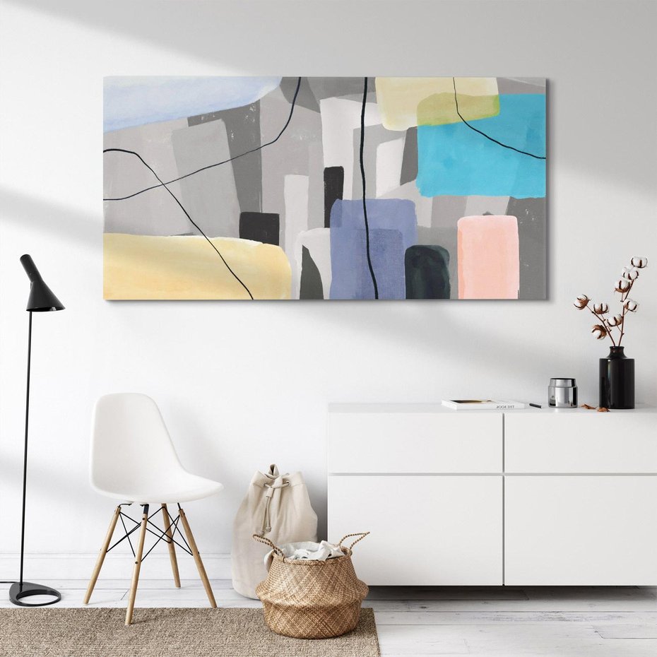 Obraz na płótnie 120x60 - Harmonia w chaosie serca - abstrakcja na szarym tle, kolorowe plamy koloru