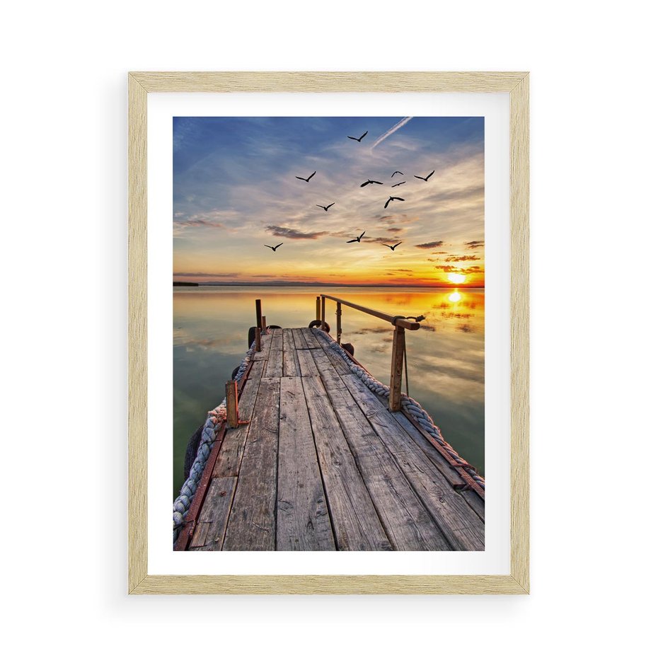 Plakat w ramie 50x70 - Spokojny pomost nad jeziorem - pomost, jezioro - rama drewno