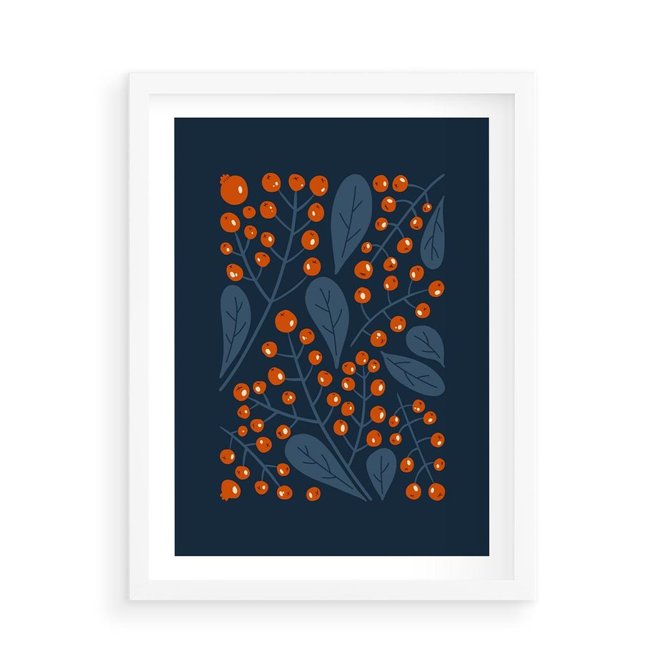 Plakat w ramie 50x70 - Symfonia liści i owoców - granatowe tło, pomarańczowe owoce jarzębiny - rama biała